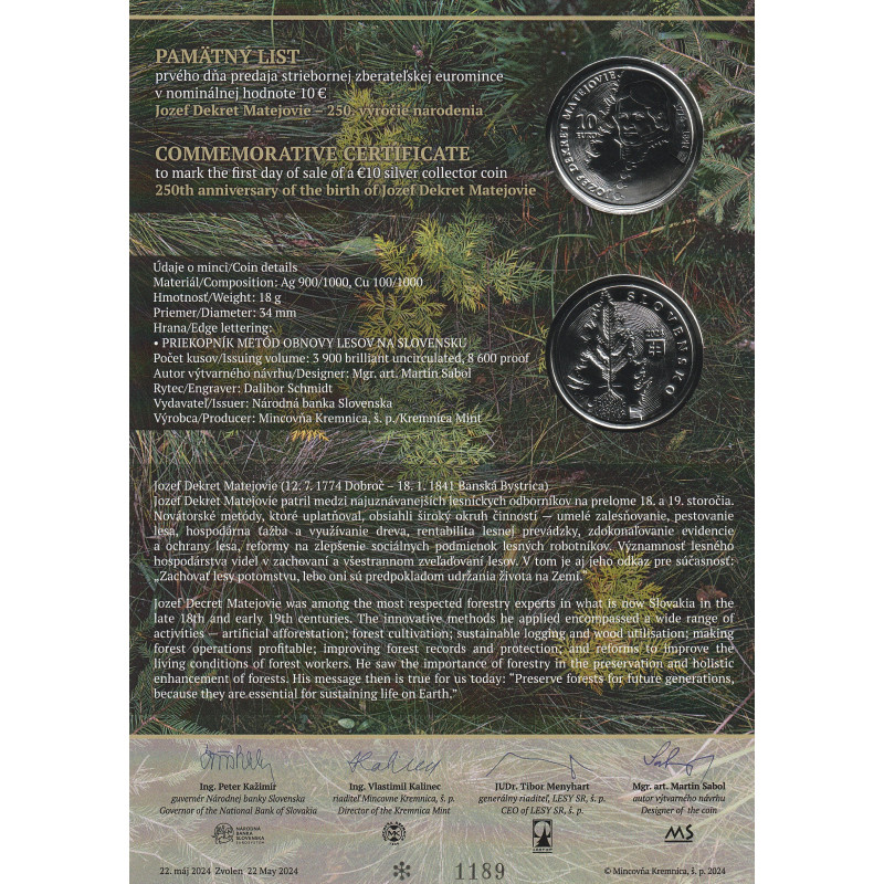 Commemorative certificate + 10 Euro 2024 - Jozef Decree Matejovie Proof