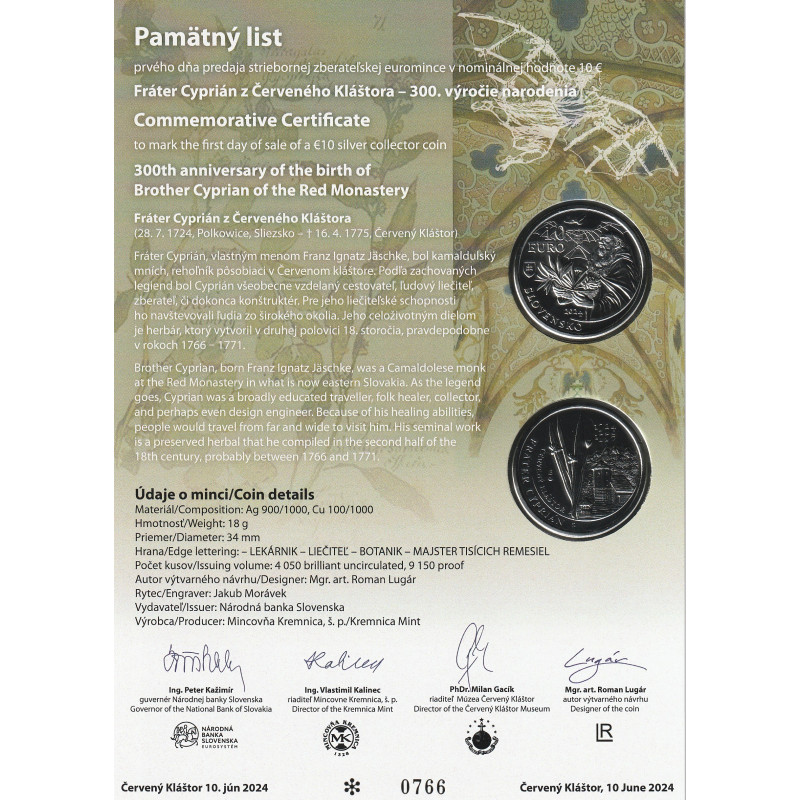 Pamätný list + 10 Eur 2024 Fráter Cyprián, Proof