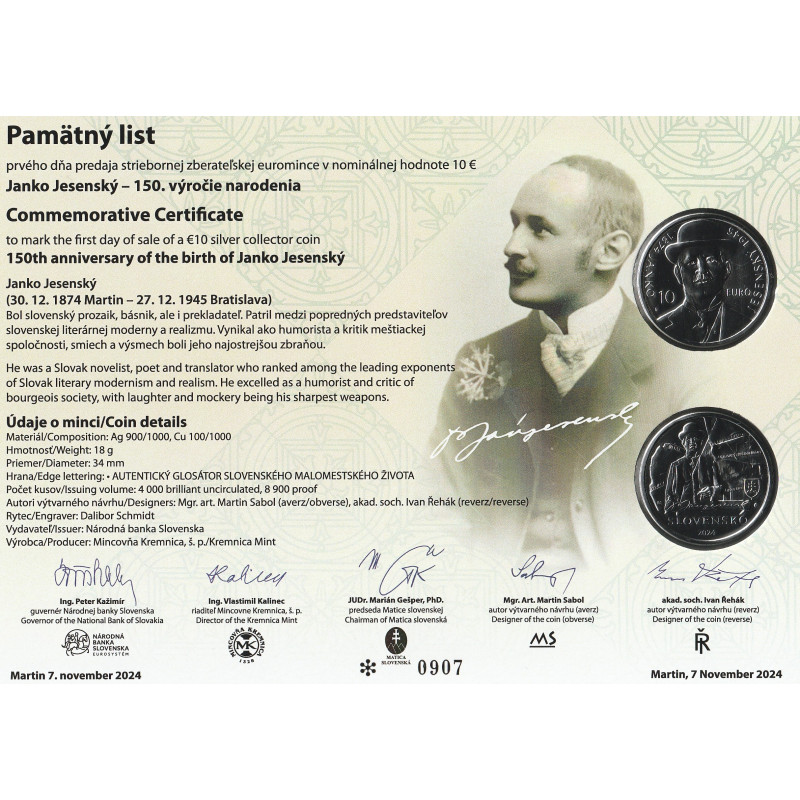 Pamätný list + Ag 10 Euro 2024 Janko Jesenský Proof