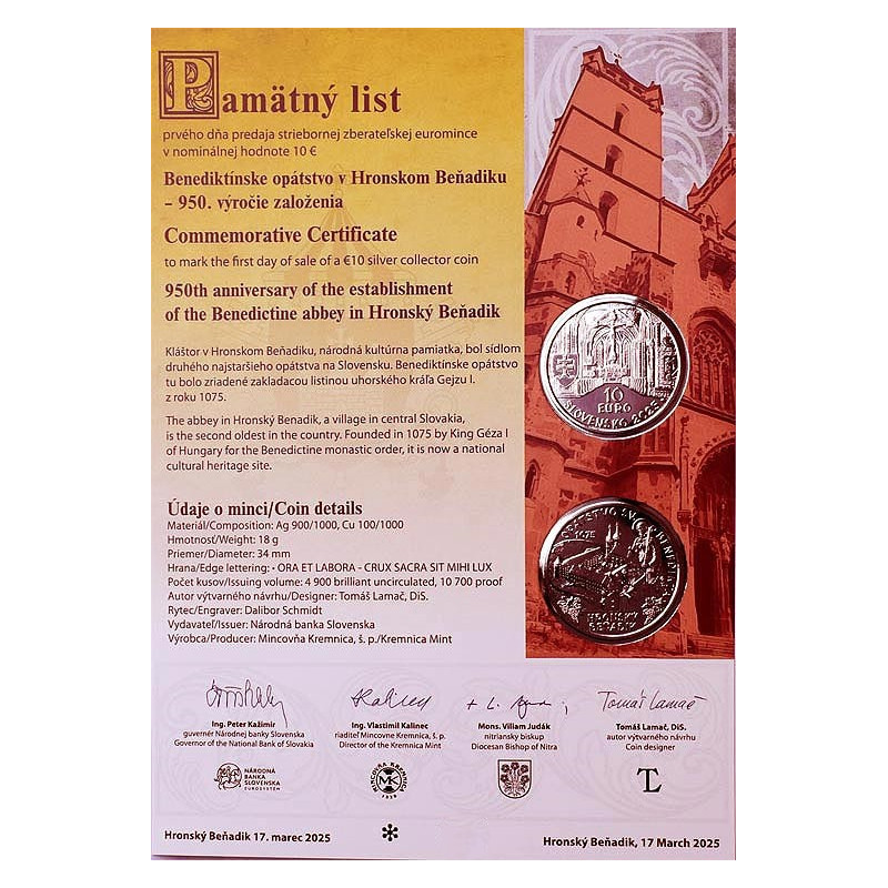 Pamätný list + 10 Euro Slovensko 2025 - Hronský Beňadik, Proof